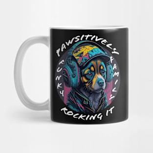 Cute Puppy Wearing Headphones - white font Mug